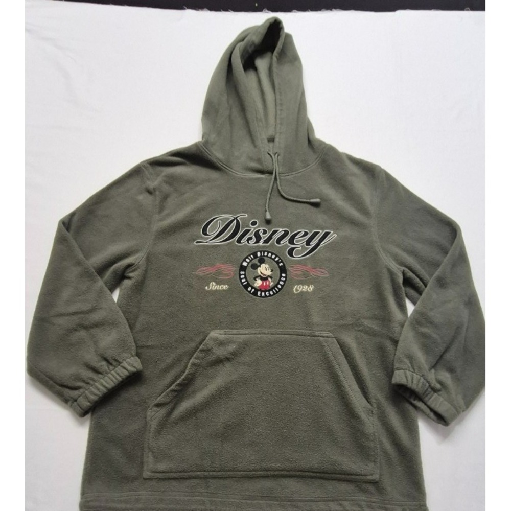 Disney women's olive green front pocket hoodie Mickey Mouse logo & wording sz. M